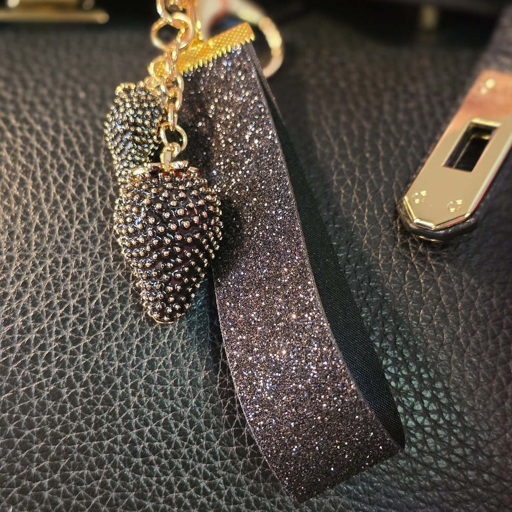 SALE! Black Glitter ribbon & Strawberry Handbag Charm with Gold Accents